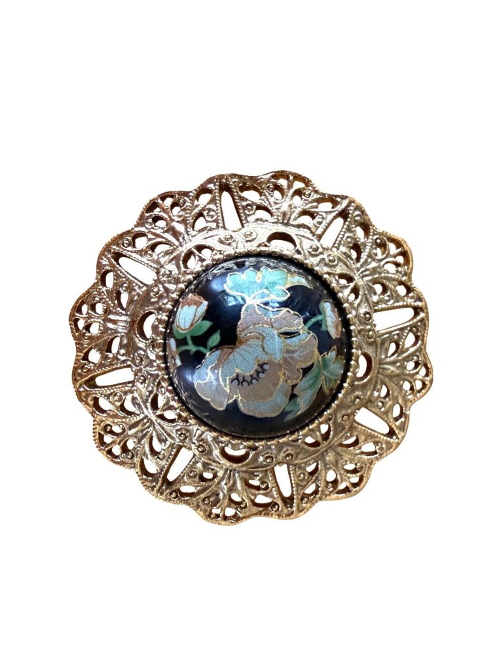 1928 Pin Brooch Dome Enamel Floral Cloisonne Filigree Vintage 80s Gold-Tone